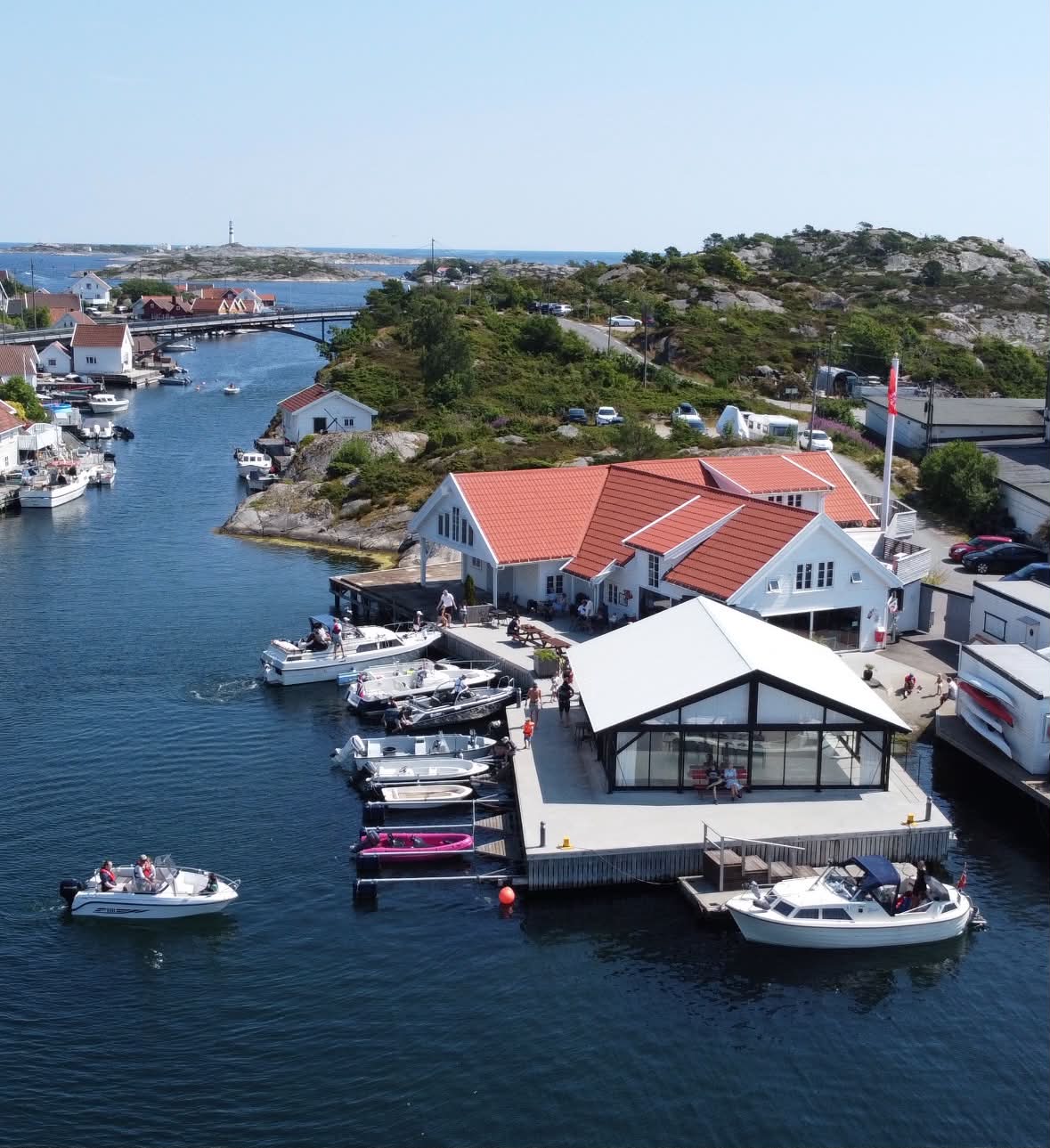 Geitodden from the air, the café on the harbour with Oksøy lighthouse behind